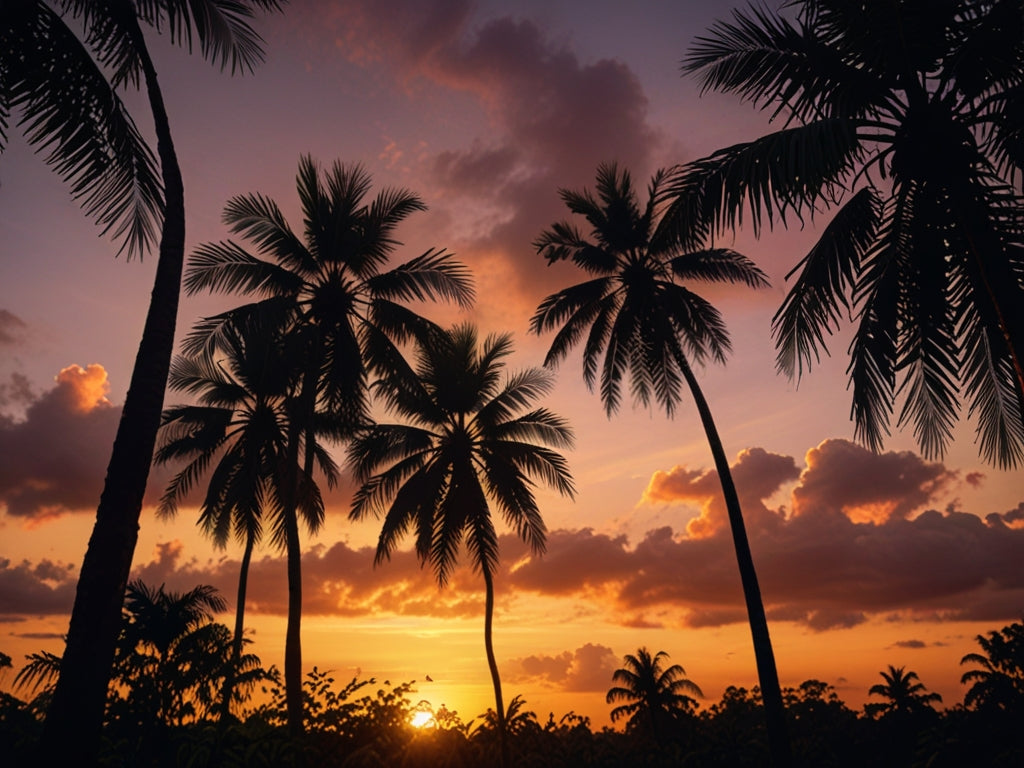A Dança das Palmeiras: Beleza e Serenidade no Pôr do Sol à Beira-Mar