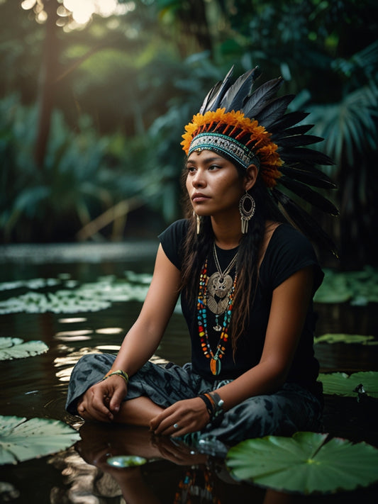 A Poesia da Amazônia: Mulher Indígena Brasileira de Cocar na Vitória-Régia