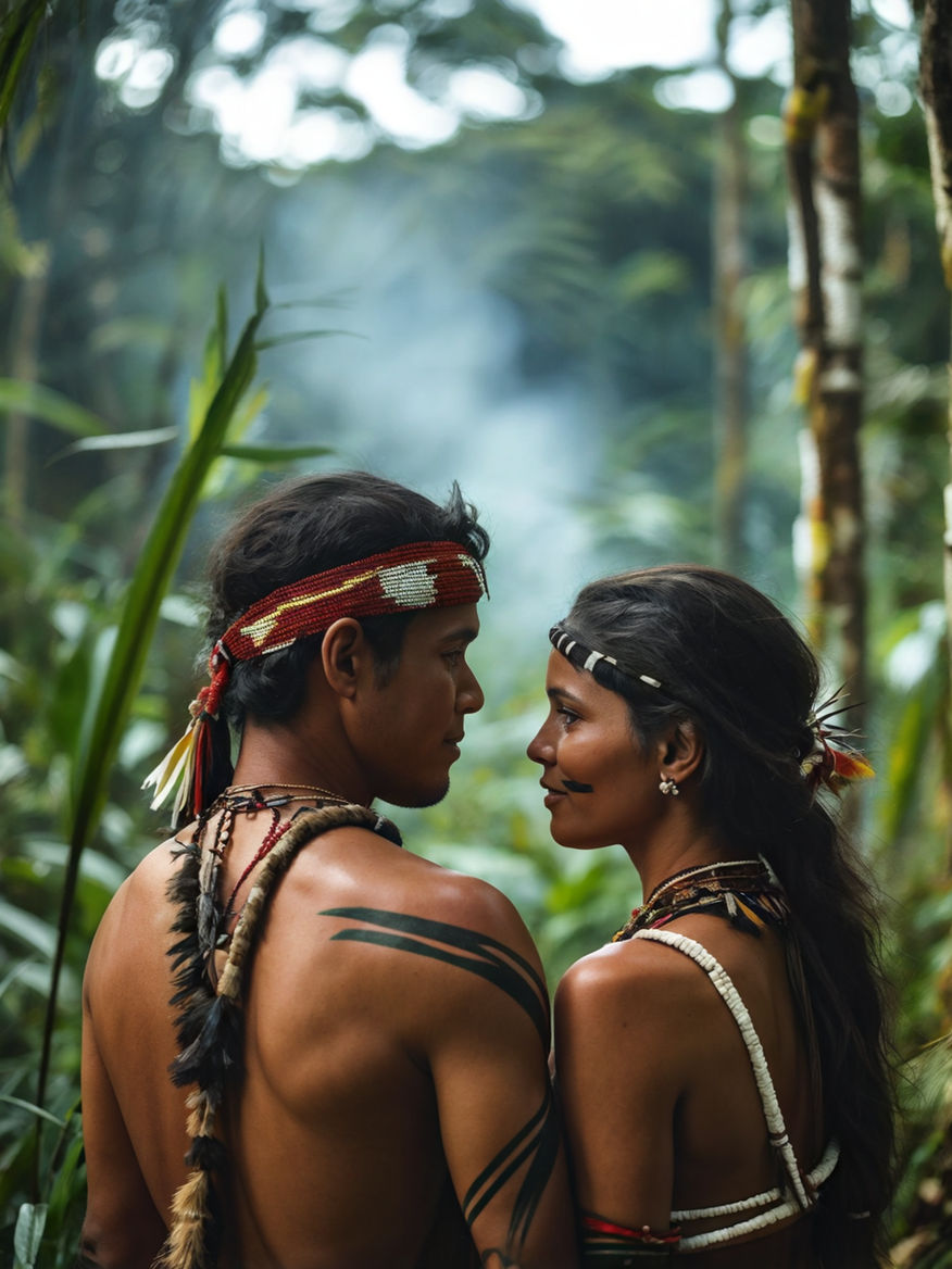 Amor Selvagem: Um Casal Apaixonado Trocando Olhares na Amazônia