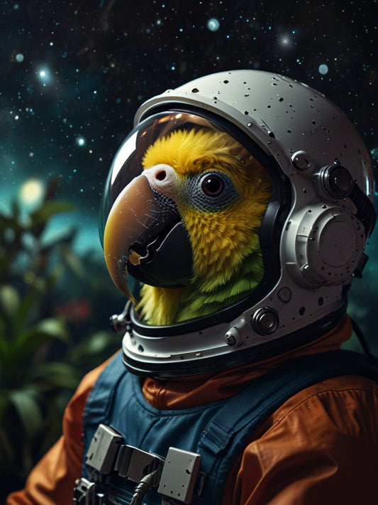 Arara Brasileira com Roupa de Astronauta Curtindo o Espaço