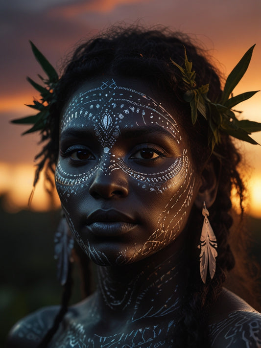Brilhante Mulher Guerreira Originária Sofisticada ao Anoitecer na Amazônia