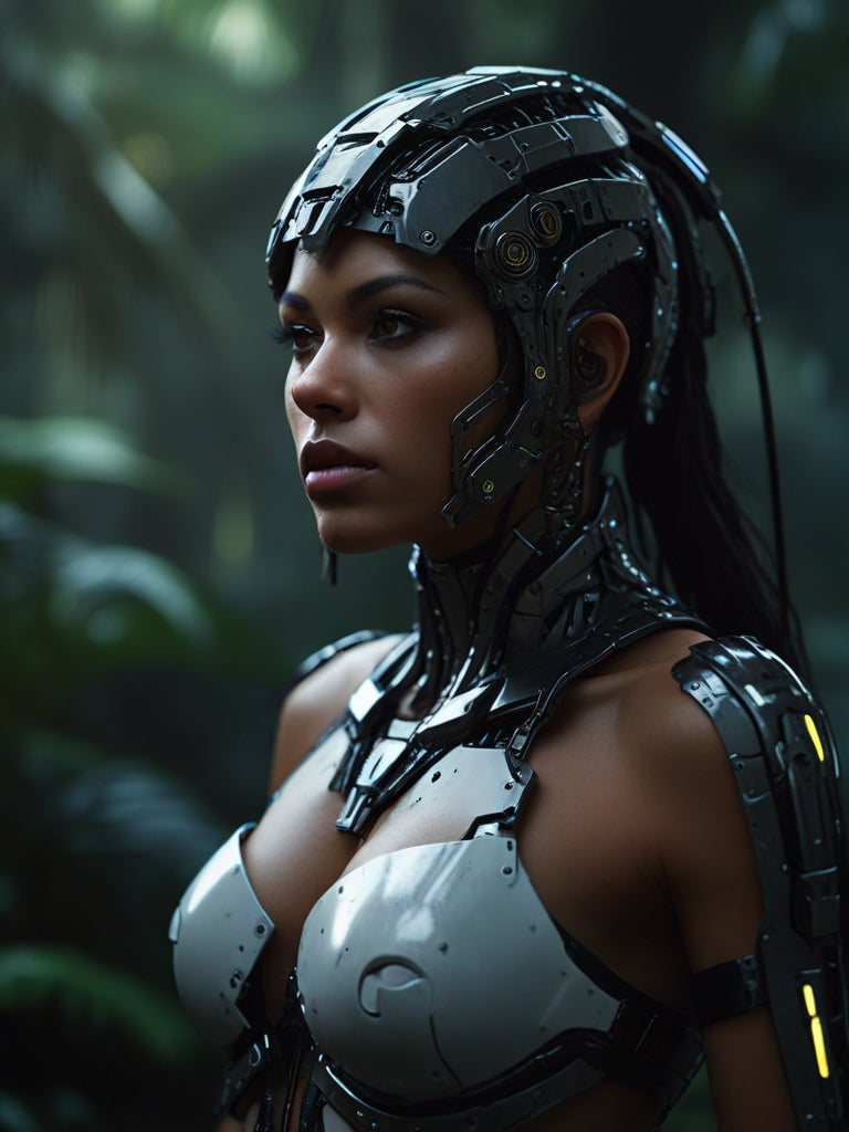 Mulher Indígena na Amazônia de Armadura Futurística Guardiã da Floresta