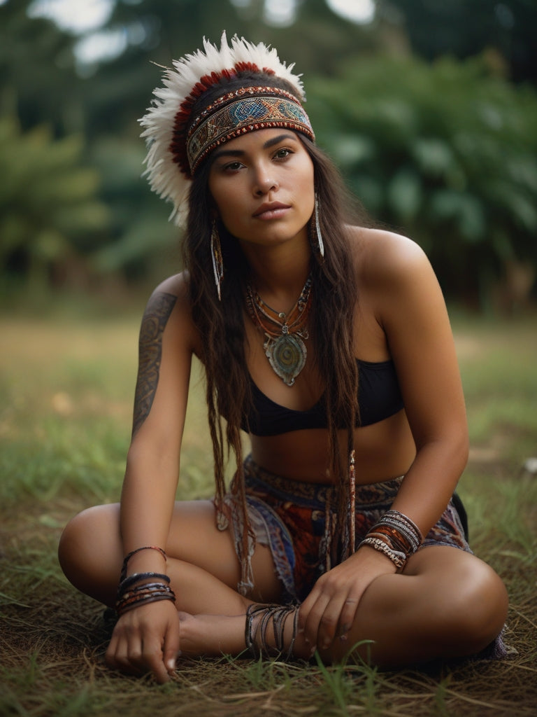 Mulher Nativa Brasileira Amazônida de Cocar com Pintura Corporal e Acessórios Indígenas
