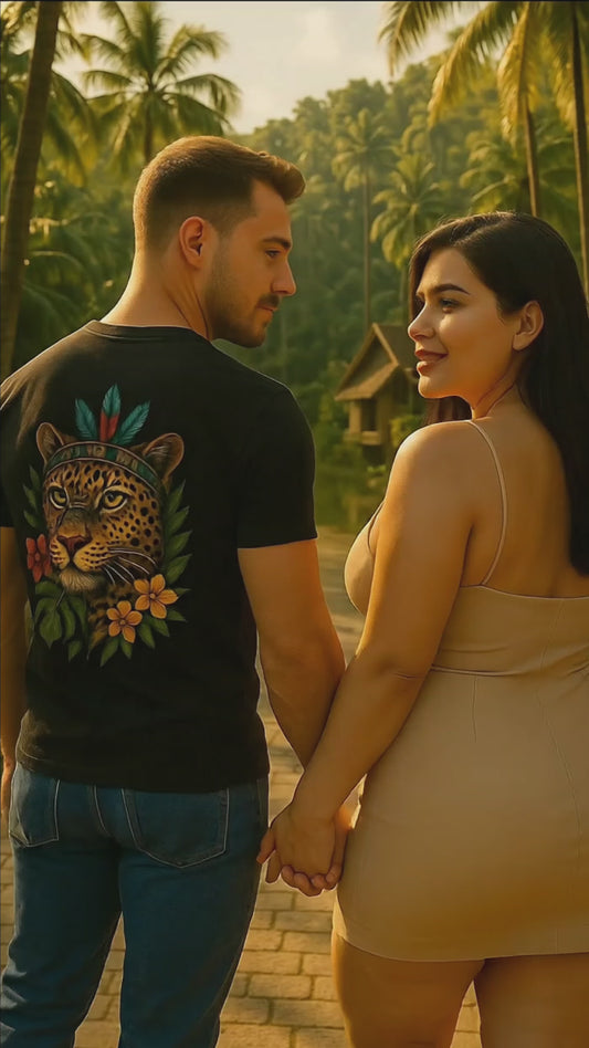 Camiseta Onça Pintada entre Plantas Amazônicas